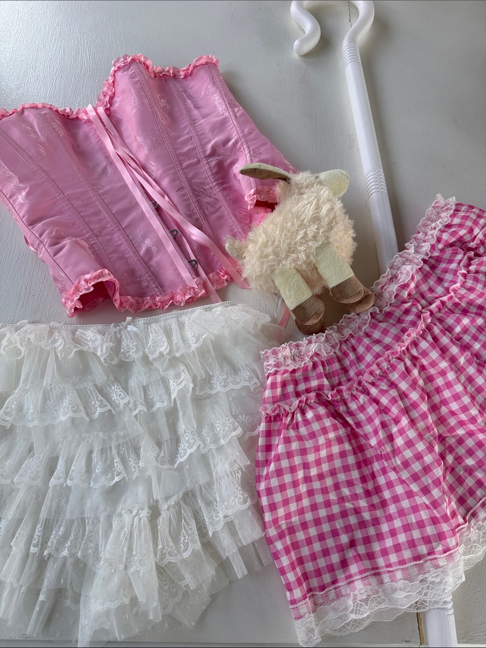 Sexy Bo Peep Costume Corset Top Gingham Skirt Lace Shorts Women Medium Halloween